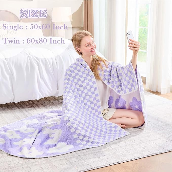 Checkered Throw Blanket, Lavender Flower Blanket for Couch, 60"x80" Soft Plaid Knit Blanket for Home Decor, Reversible Checkerered Blankets for Sofa, Chair, Bed