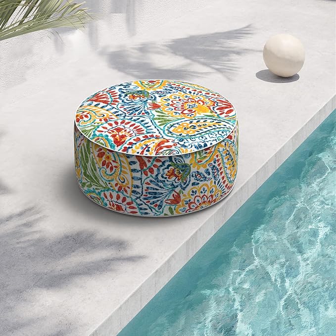 Indoor/Outdoor Inflatable Ottoman D21 x H9 inch, Round Footstool Inflatable Foot Rest Ottoman with Handle, Portable Ottomans Pouf for Patio, Garden, Camping, Home, Paisley Multi