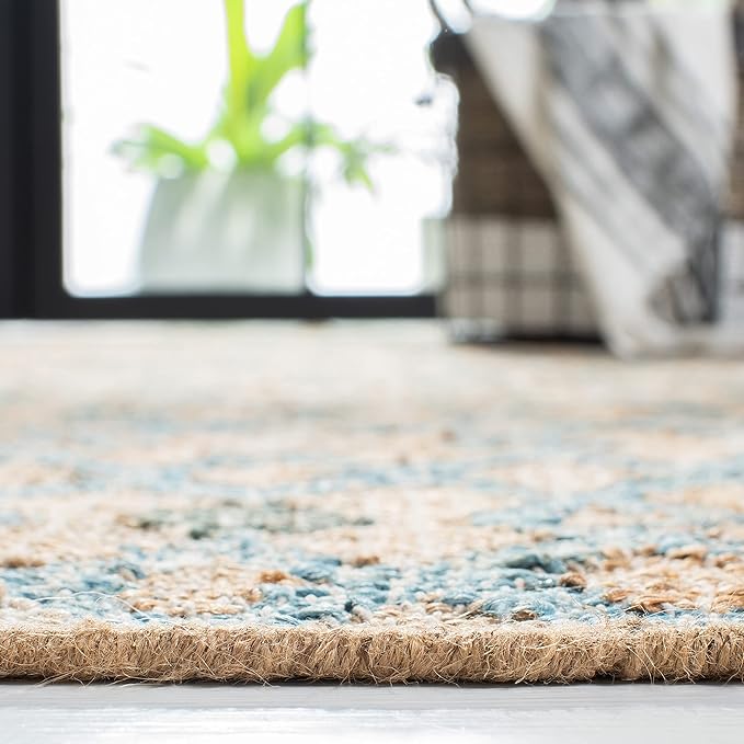 SAFAVIEH Kilim Collection Area Rug - 7' Square, Natural & Blue, Flat Weave Jute Design, Ideal for High Traffic Areas in Living Room, Bedroom (KLM759M)