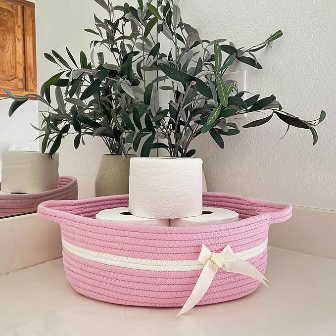CHICVITA Pink Baby Girl Gift Basket, Small Woven Rope Basket, Rectangle Shelf Baskets for Bathroom, Cute Nursery Storage Baskets for Toys, Diapers, Towels, Snacks, 13 x 9.8 x 5 inches