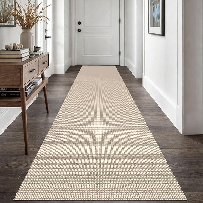 EARTHALL Woven Runner Rug 2.6x10 Ft Washable Runners for Hallways Long Non Slip Rubber Backed Kitchen Runner Braided Indoor Floor Carpet Runners for Entryway, Hallway, Kitchen, Beige/Khaki