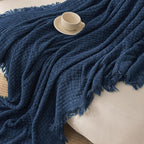 Exclusivo Mezcla Twin Size Knit Blanket with Fringes for Bed, Reversible Super Soft and Warm Woven Boho Throw for All Season, Home Decor, 60"x80", Navy Blue