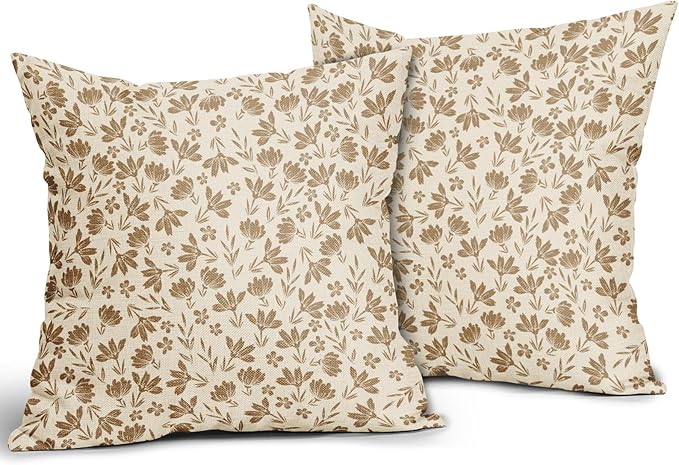 Brown Floral Pillow Covers 16x16 Set of 2 Vintage Rustic Old Style Cute Small Flower Brown Cream Print Decorative Outdoor Pillowcases Farmhouse Throw Cushion Case Decor for Couch Sofa Bed