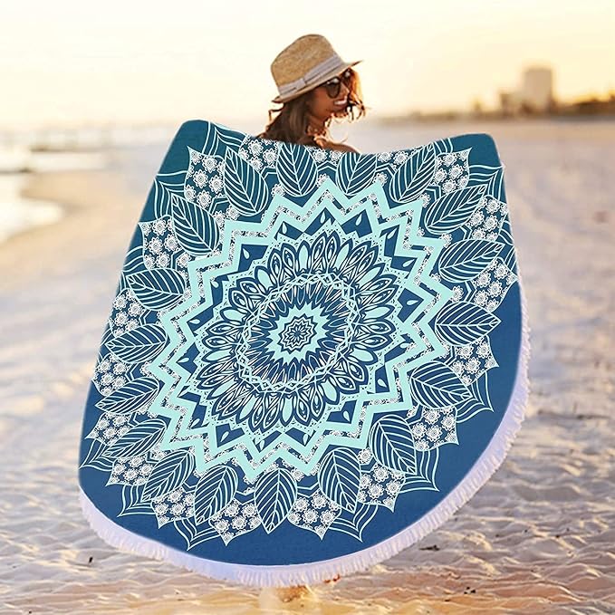 RosieLily Round Mandala Beach Towel, Microfiber Hippie Boho Extra Large Sand Proof Quick Dry Beach Blanket, Circle Pool Picnic Table Mediation Yoga Mat, 59 inch Towel with Tassels Gifts for Women