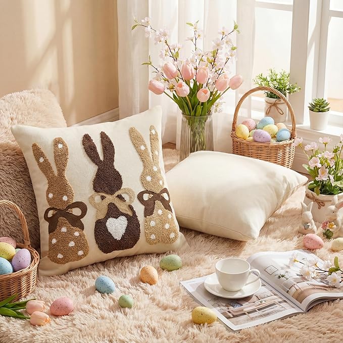 AVOIN colorlife Easter Polka Dot Love Heart Bunny Embroidered Throw Pillow Covers, 18 x 18 Inch Bow Rabbits Tufted Patterned Linen Decoration Cushion Case for Sofa Set of 2