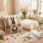 AVOIN colorlife Easter Polka Dot Love Heart Bunny Embroidered Throw Pillow Covers, 18 x 18 Inch Bow Rabbits Tufted Patterned Linen Decoration Cushion Case for Sofa Set of 2