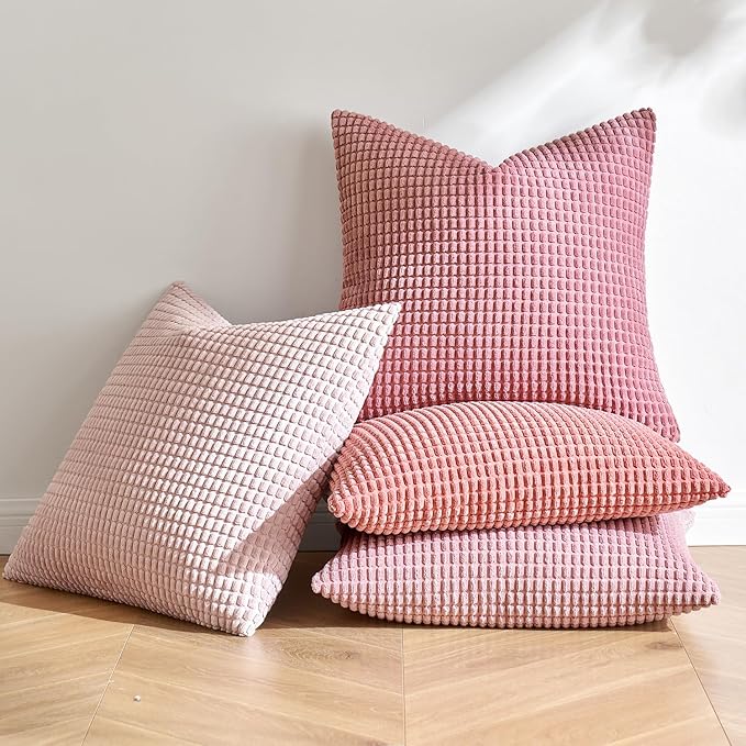 MIULEE Aesthetic Pink Spring Decorative Pillow Covers 18x18 Inch Set of 4 Valentine Romantic Sweet Cute Soft Throw Pillows Coquette Home Decor Corduroy Couch Pillowcases for Sofa Living Room Bed