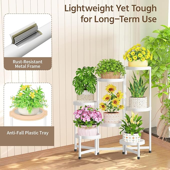 LASZOLA 7 Tiered Plant Stand Indoor Outdoor with Plastic Tray, Corner Folding Tall Flower Display Rack, Modern Plant Holder Shelf for Outdoor Patio Porch Garden Office Living Room, White