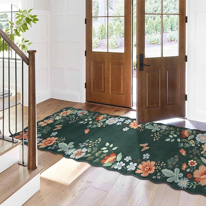 Lahome Floral Hallway Runner, 2X6 Washable Runner Rug Non-Slip, Ultra-Thin Soft Stain Resistant Boho Low-Pile Carpet for ‎Kitchen Laundry Bathroom Bedroom Flore, Dark Green