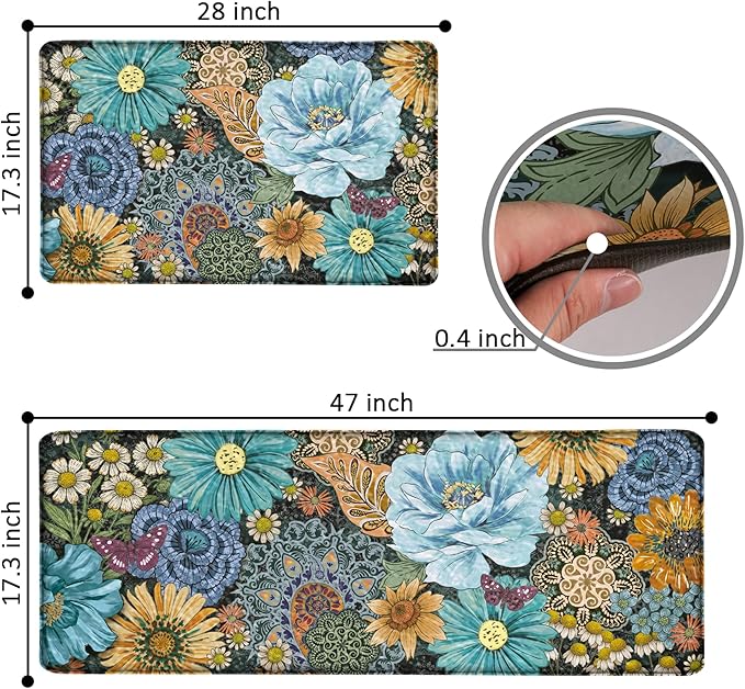 Boho Floral Kitchen Mats for Floor 2PCS Anti Fatigue Mats for Kitchen Floor Cushioned Non Slip Waterproof Memory Foam PVC Kitchen Rugs Set for Sink,Office,Laundry 17.3"x28"+17.3"x47"