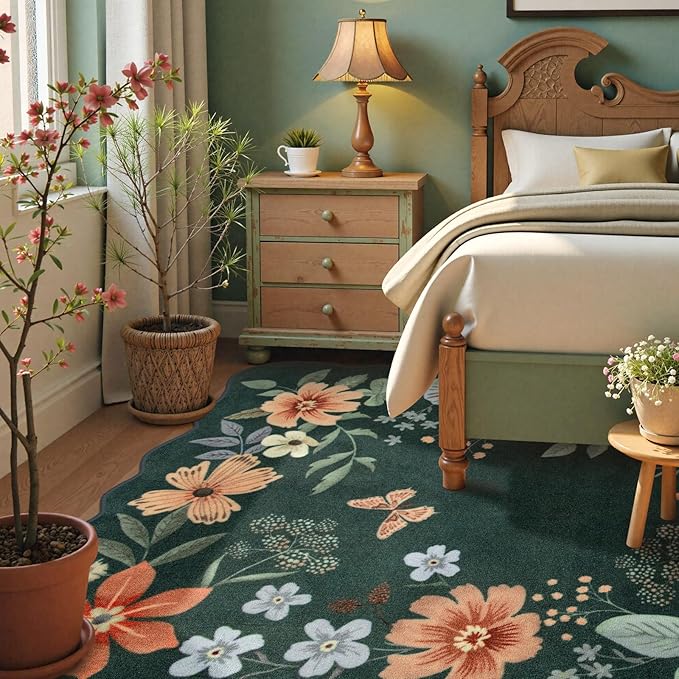 Lahome Floral Washable 6x9 Area Rugs, Soft Bedroom Rug for Living Room Ultra-Thin Non Slip Dining Room Rug, Stain Resistant Boho Rugs Throw Carpet for Office Flore (6'x9',Dark Green)