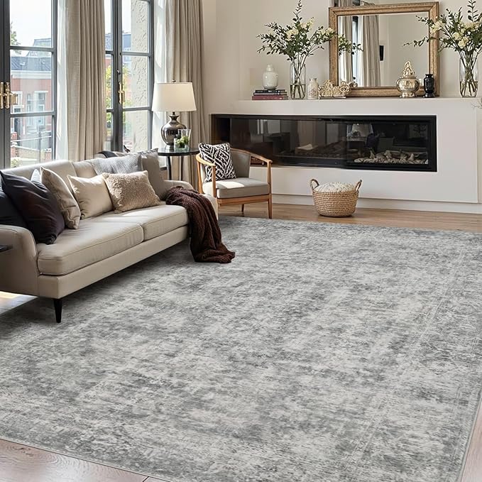 8x10 Area Rugs for Living Room, Large Washable Rug, Grey Vintage Abstract Boho Rug, Non Slip & Low Pile Faux Wool Carpet for Indoor Dining Room, Farmhouse and Bedroom(Grey 8x10ft)
