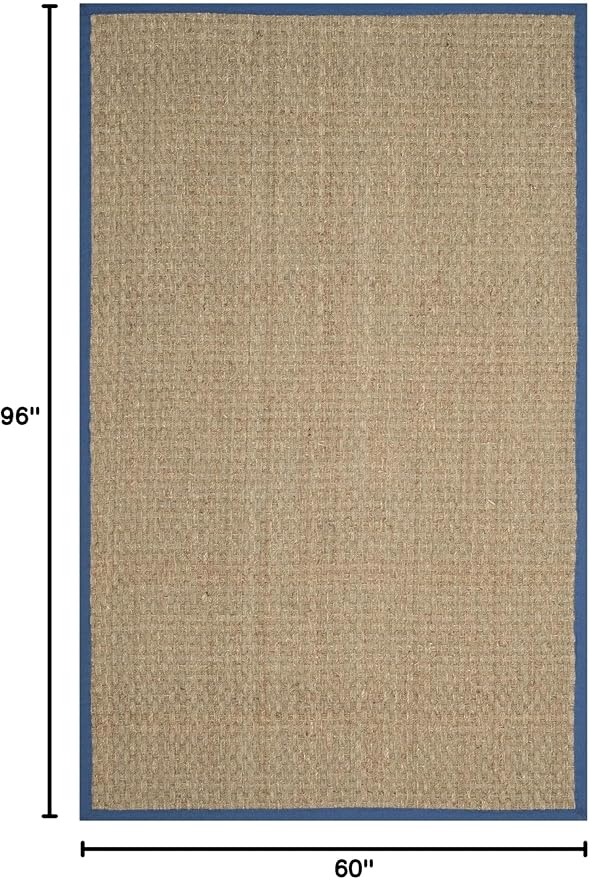 SAFAVIEH Area Rug 5x8 - Natural Fiber Collection - Natural & Navy, Seagrass, Basketweave Pattern with Border (NF114T)