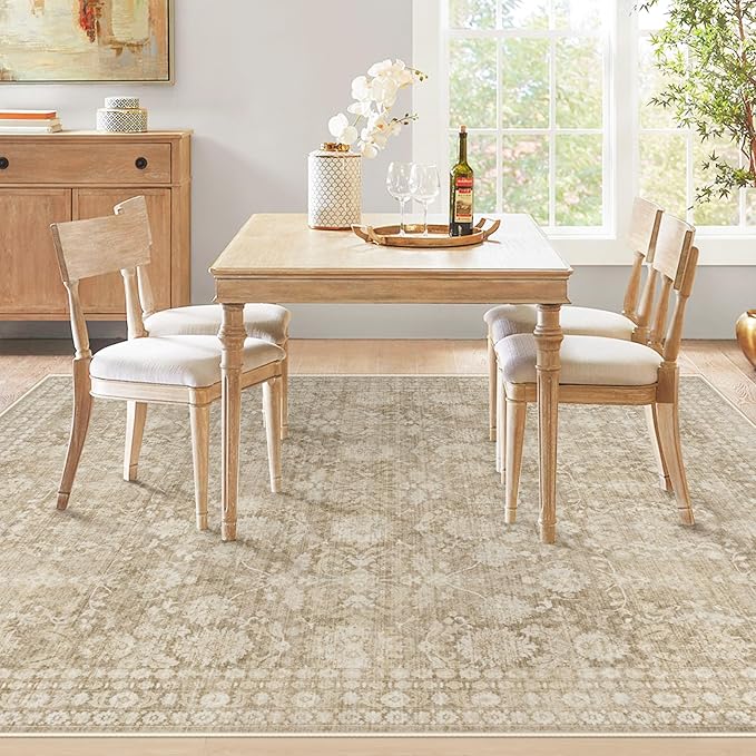 6x9 Area Rugs for Living Room: Washable Vintage Floral Rug Low Pile Non-Slip Boho Carpet for Nursery Bedroom Dining Room (Brown, 6'x9')