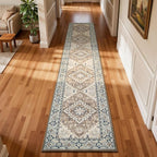 Lessymo 2 x 10 Long Runner Rug for Hallway, Washable Entryway Rugs Boho Faux Wool Low Pile Rug for Kitchen, Floral Medallion Vintage Rugs with Non-Slip Rubber, Brown Beige
