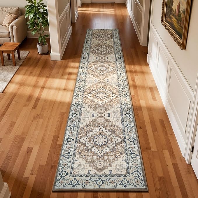 Lessymo 2 x 10 Long Runner Rug for Hallway, Washable Entryway Rugs Boho Faux Wool Low Pile Rug for Kitchen, Floral Medallion Vintage Rugs with Non-Slip Rubber, Brown Beige