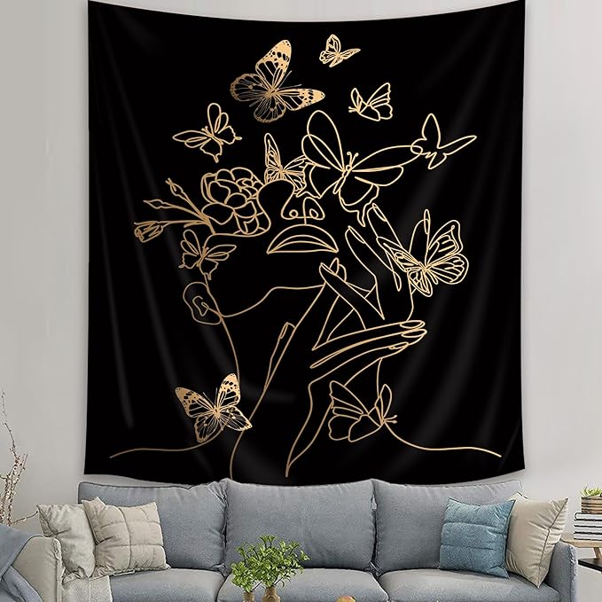 SVBright Simple Woman Flower with Butterfly Fabric Wall Hanging Tapestry 51Wx59H Inch Art Line Aesthetic Modern Minimalist Sketch Wall Black Gold Hanging Home Decor Art for Living Room Bedroom Dorm