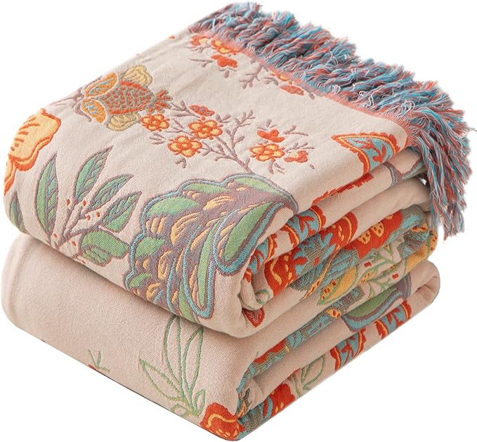 Boho Throw Blanket Throw Size, Soft Cozy Cotton Muslin Quilt Blanket for Bed Decor, Bird Patterned Couch Sofa Chair Cover, Vintage Farmhouse Cottage Tapestry Woven Blanket, Coral&Green