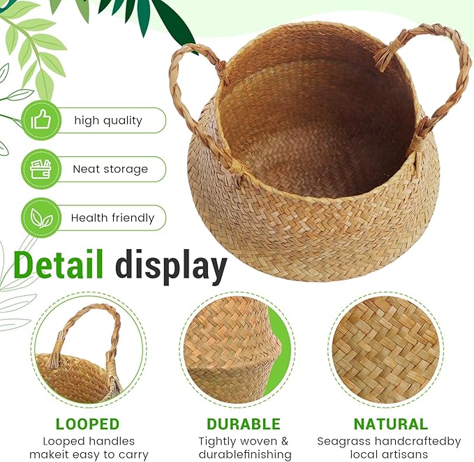 Large Wicker Plant Basket with Handle 10 Inch Woven Seagrass Belly Basket and Artificial Moss for House Plants Picnic Grocery Laundry Storage Home Decor(Large,Original,1 Pack)