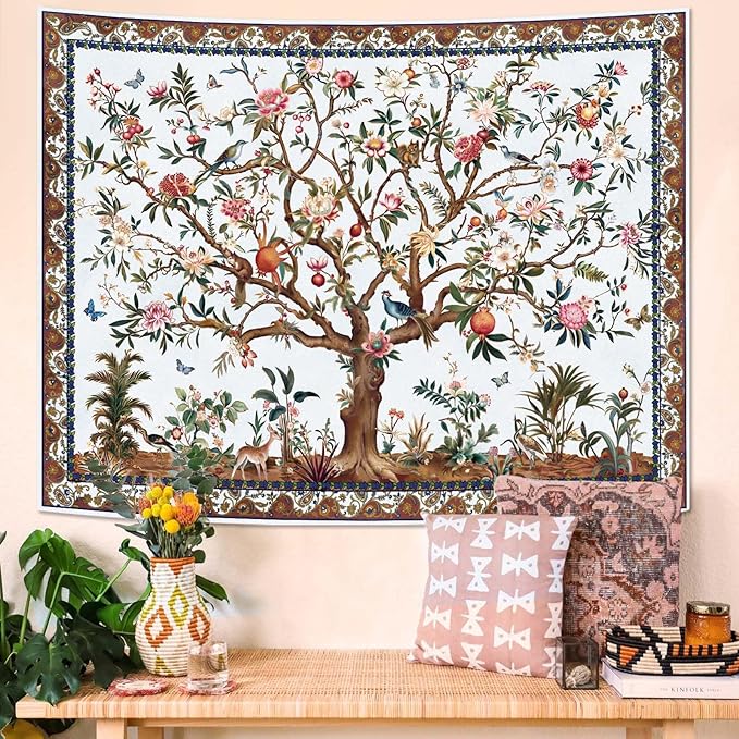 Faxdong Boho Tree of LIfe Tapestry, Vintage Flower Leaves Birds Plant Animal Pattern Tapestries, Retro Indian Bohemian Aesthetic Wall Hanging White 60×80 inch