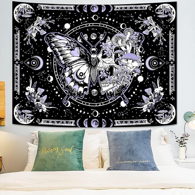 Fungarth Skeleton Butterfly Tapestry Purple Skull Hippie Mushroom Plants Tapestry for Bedroom Moon phase Aesthetic Tapestries Wall Hanging for Living Room Dorm (44.00” x 60.00”, Purple)