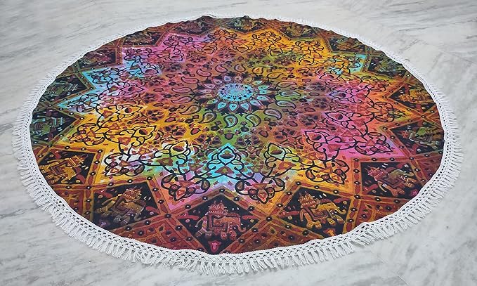 Round Beach Tapestry Turquoise Mandala Throw/Boho Hippie Beach Blanket Roundie/Indian Cotton Bohemian Large Round Table Cloth-Home Decor/Yoga Mat Meditation Picnic Rug (42", Multi Blue)
