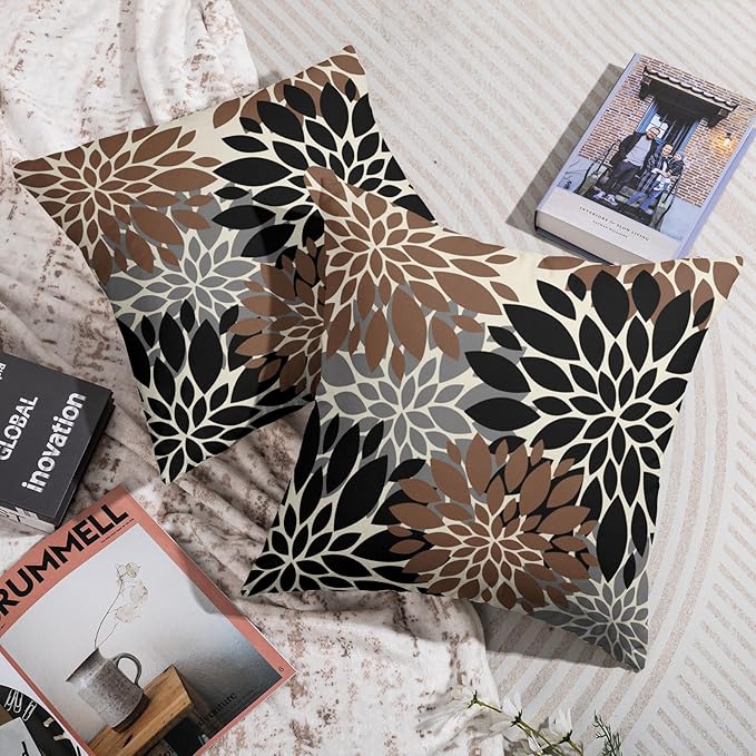 Black Brown Pillow Covers 16X16 Inch Set of 2, Spring Summer Floral Dahlia Flower Cream Decorative Throw Pillow Covers Outdoor Modern Farmhouse Cushion Case for Home Couch Sofa Bed Decor