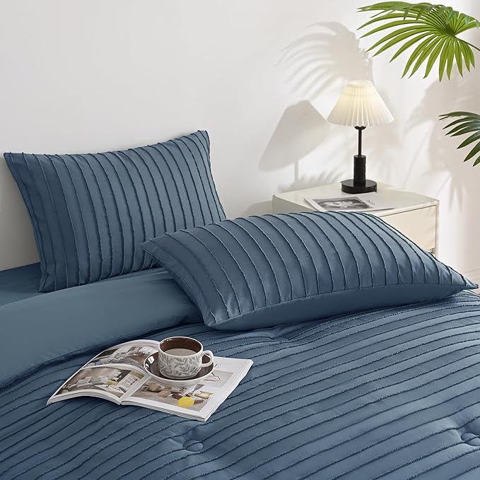 JELLYMONI Pillowcases King Size Blue 2 Pack Boho Striped Bed Pillow Covers 20x36in Polyester Envelope Pillow Shams Tufted Bohemian Textured (Pillows are not Included)