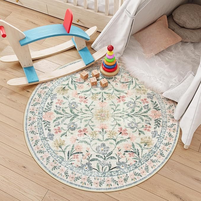 Lahome Sylvie Round Boho Floral Rugs 4ft, Cream Washable Circle Rugs for Bedroom Nursery, Vintage Beige Circular Carpet, Soft Non-Slip Carpet for Kids Room Playroom Calm Corner, Beige