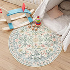 Lahome Sylvie Round Boho Floral Rugs 4ft, Cream Washable Circle Rugs for Bedroom Nursery, Vintage Beige Circular Carpet, Soft Non-Slip Carpet for Kids Room Playroom Calm Corner, Beige