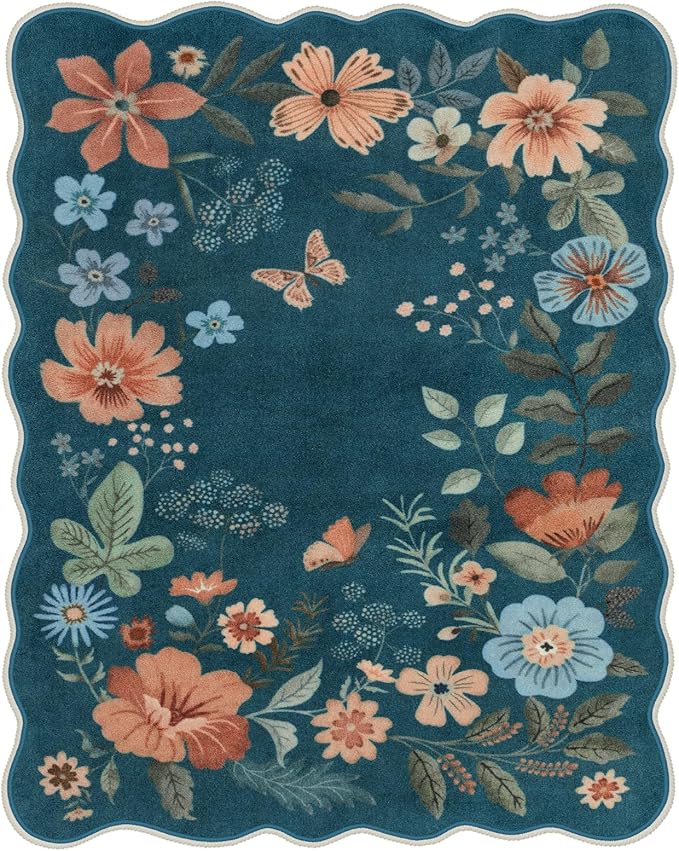 Lahome Floral Washable 6x9 Area Rugs, Soft Bedroom Rug for Living Room Ultra-Thin Non Slip Dining Room Rug, Stain Resistant Boho Blue Rugs Throw Carpet for Office Flore (6'x9',Navy Blue)