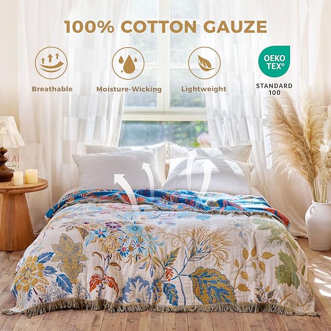 Boho Throw Blanket for Bed Cotton Spring Blankets Twin Size for Bedroom Living Room All Season Lightweight Floral Embroidery Decorative Breathable Quilt for Couch Sofa Chair 60"x80"