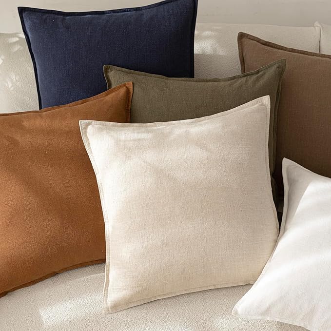Foindtower Pack of 2, Decorative Linen Soild Throw Pillow Covers Soft Accent Cushion Case Boho Farmhouse Neutral Pillowcase for Couch Sofa Bedroom Living Room Home Decor 16 x 16 Inch Natural Beige