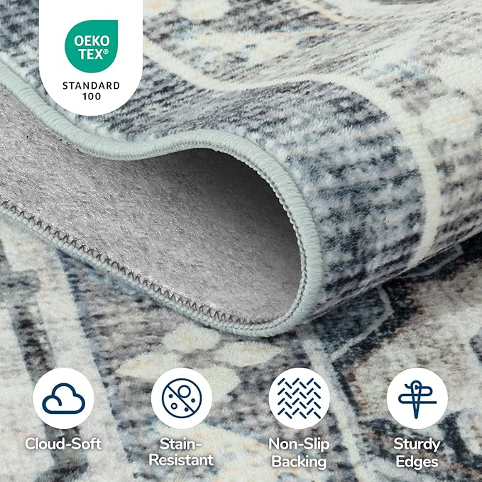 Lessymo Large Area Rugs 9x12 for Living Room, Soft Washable Rug for Bedroom Dining Room Nursery Room Farmhouse, Boho Non Slip Low Plie Carpet Vintage Floral Design, Blue Grey/Beige