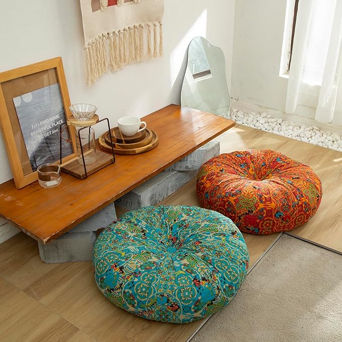 Moroccan Printed Round Chair Pads Cotton Linen Soft Comfort Chair Cushion Colorful Pompom Seat Cushions for Indoor Dining Room and Kitchen Chairs (Blue,22x22 Inch)
