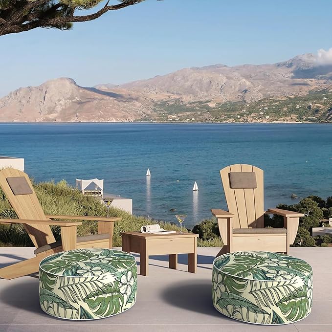 Inflatable Ottoman Stool D21 xH9 for Outdoor/Indoor Use, Water Repellent Patio Foot Rest with Portable Handle,Round Pouf Ottoman Suitable for Garden,Deck and Camping-Tropical Paradise