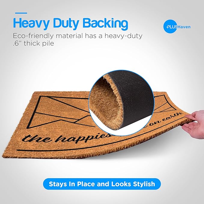 PLUS Haven Coconut Coir Home Entrance Door Mat – 17.5" x 30" | The Happiest Place on Earth Heavy-Duty Doormat for Indoor & Outdoor Use | Eco-Friendly & Durable