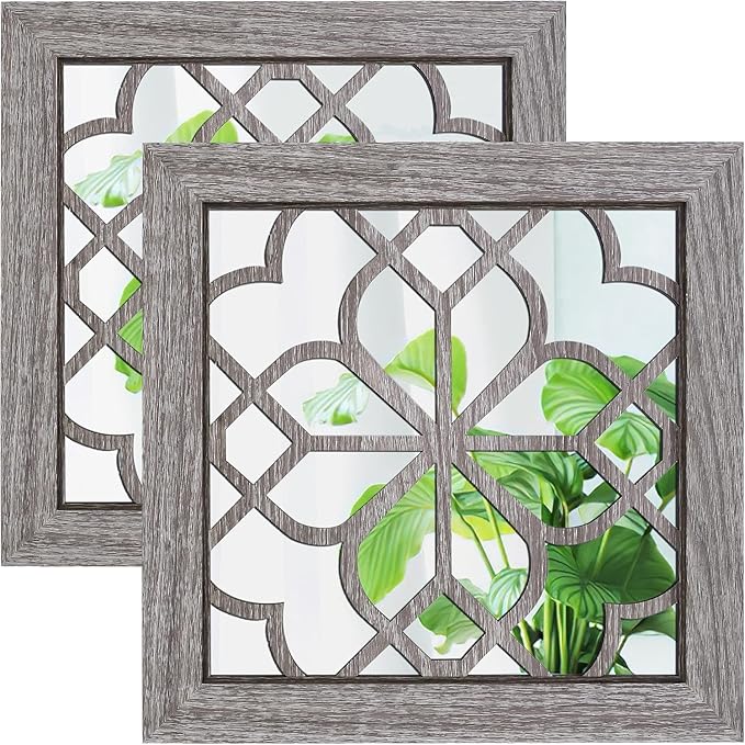 Boho Wall Mirror Decor, Set of 2 Rustic Farmhouse Accent Mirror 12x12 Inch, Square Shatterproof Vintage Style Mirrors for Wall, Small Decorative Mirrors for Living Room, Bedroom(Brown)