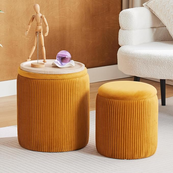 Round Ottoman with Storage Set of 2-Upholstered Velvet Vanity Stool for Makeup Multifunctional Ottomans Coffee Table Padded Seat Foot Rest (Yellow-Upgrade Taray Lid)