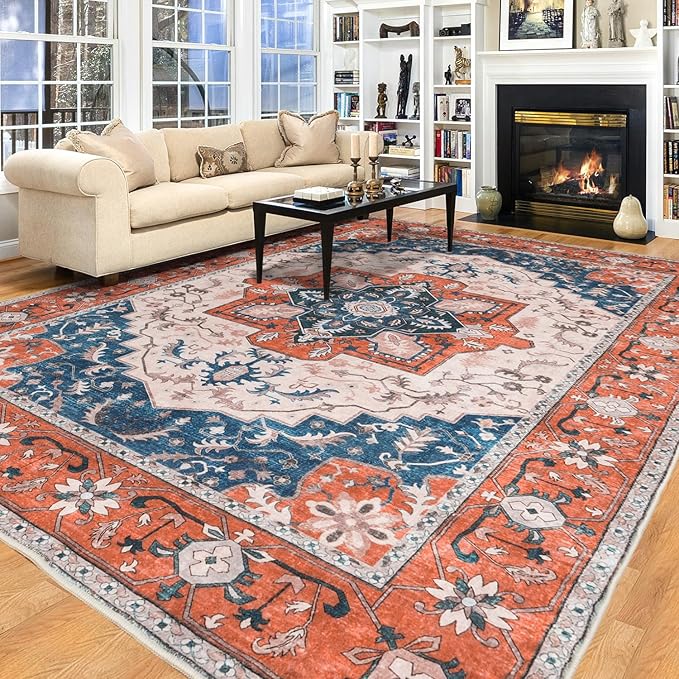 Lessymo 8 x 10 Area Rugs for Living Room- Machine Washable Area Rugs Boho Faux Wool Low Pile Area Rug for Bedroom Floral Medallion Vintage Rugs with Non-Slip Rubber, Tangerine Blue