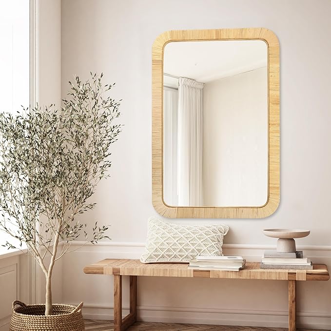 PERFNIQUE Rattan Mirror, 36'' x 24" Rectangle Boho Bathroom Mirror, Decorative Wall Nursery Decor, Rustic Farmhouse Handmade Wicker Mirror for Bathroom Bedroom Entryway Living Room Decor