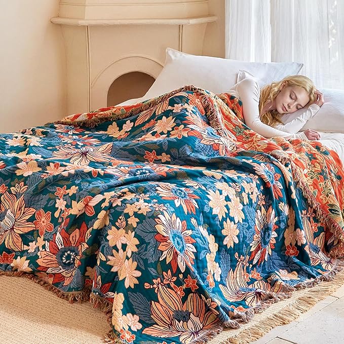 Boho Throw Blanket - 100% Cotton Ultra Soft Muslin Blanket, 60"x80" Lightweight Floral Framhouse Bedding Spring Blanket for Bed, All Season Green Bohemian Bedroom Home Decor Quilt