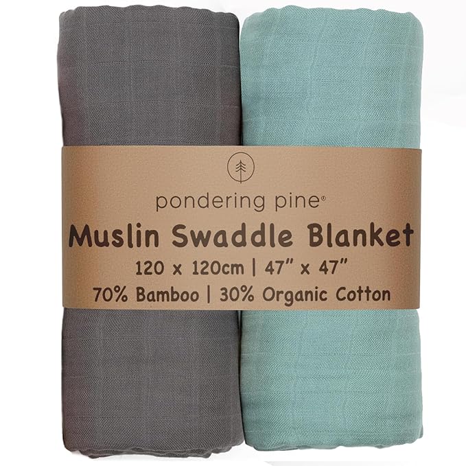 Organic Baby Muslin Swaddle Blankets - Solid Grey and Blue Swaddle Blanket 2 Pack - Soft Organic Cotton and Natural Bamboo Muslin, XLarge and Breathable, 47" X 47"