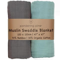 Organic Baby Muslin Swaddle Blankets - Solid Grey and Blue Swaddle Blanket 2 Pack - Soft Organic Cotton and Natural Bamboo Muslin, XLarge and Breathable, 47" X 47"