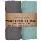 Organic Baby Muslin Swaddle Blankets - Solid Grey and Blue Swaddle Blanket 2 Pack - Soft Organic Cotton and Natural Bamboo Muslin, XLarge and Breathable, 47" X 47"