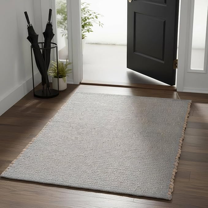 Light Gray 20"x30" Handwoven Jute Cotton Mat – Reversible Natural Fiber Rug for Entryway, Bathroom, or Kitchen