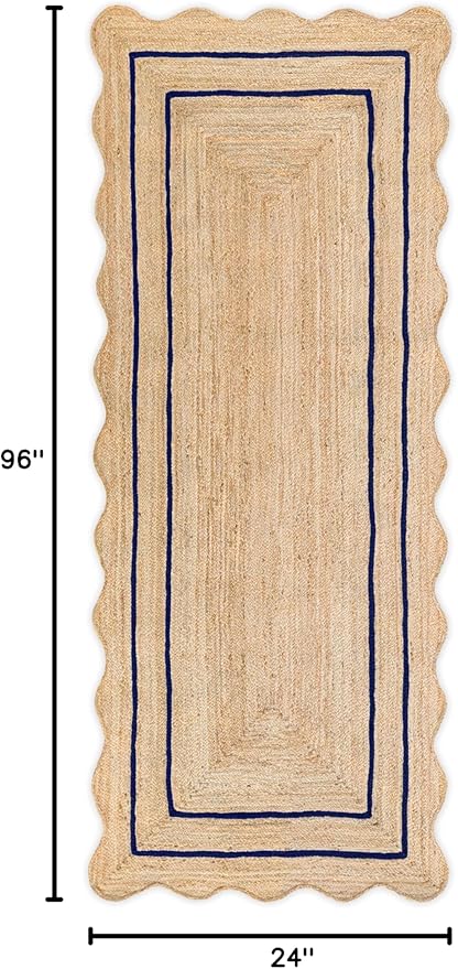 Wave Scalloped Natural Jute Runner, Navy (2'x8'): Boho Farmhouse Scallop Entryway Rug