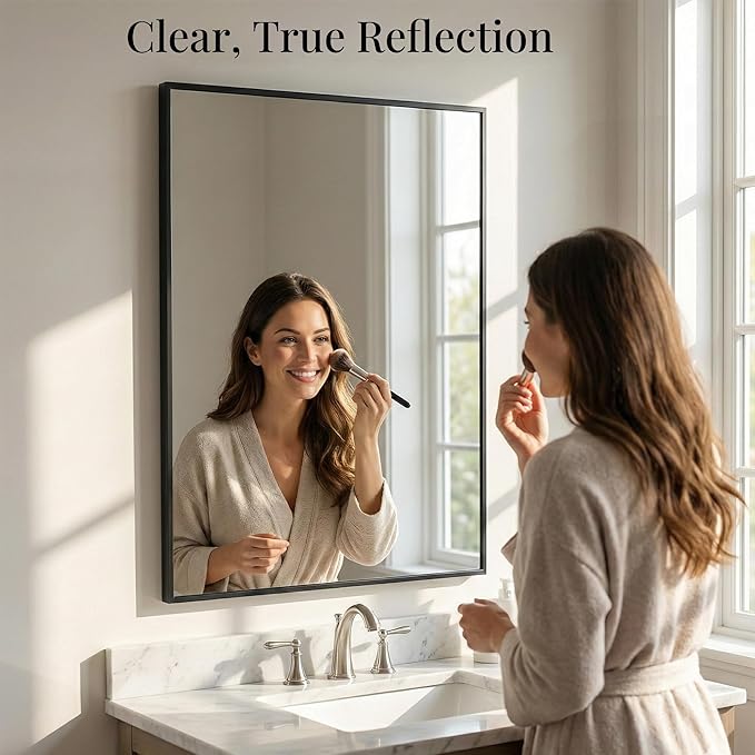 24''x36'' Matte Black Bathroom Mirror, Metal Framed Vanity Mirror for Wall Over Sink, Modern Farmhouse Rectangular Decor, Flush Mount, Vertical/Horizontal