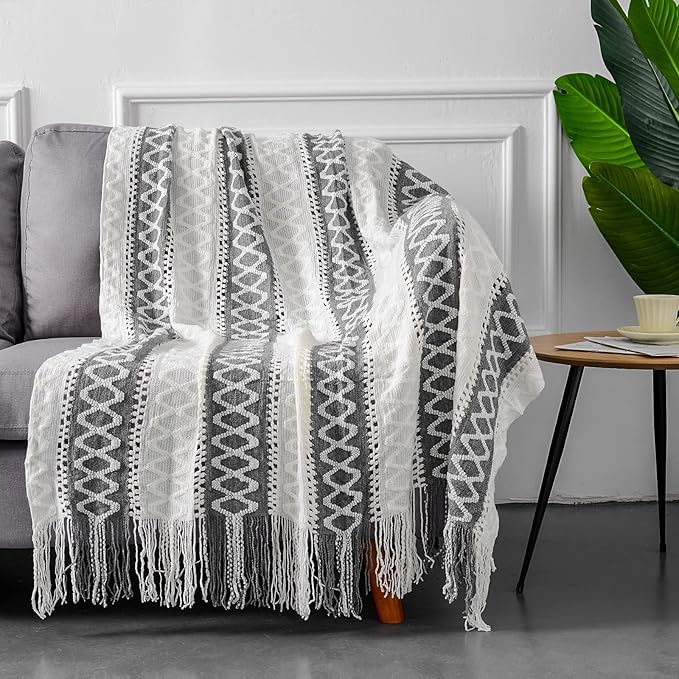 Quinnsus Knit Soft Lightweight Decorative Bed Throw Blankets, Jacquard Textured Boho Summer Throw Blanket with Tassels for Bed, Sofa and Living Room (Grey, 50 x 60 inches)