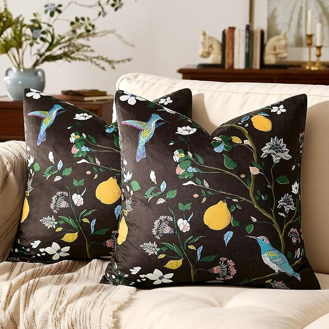 MUSSEL Brown Velvet Throw Pillow Covers 20x20 Pack of 2, Vintage Floral Pillow Covers, Mid Century Flower Plant Cushion Covers for Sofa Living Room Home Decor
